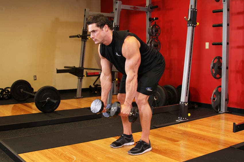 Bent-over dumbbell row, position 1